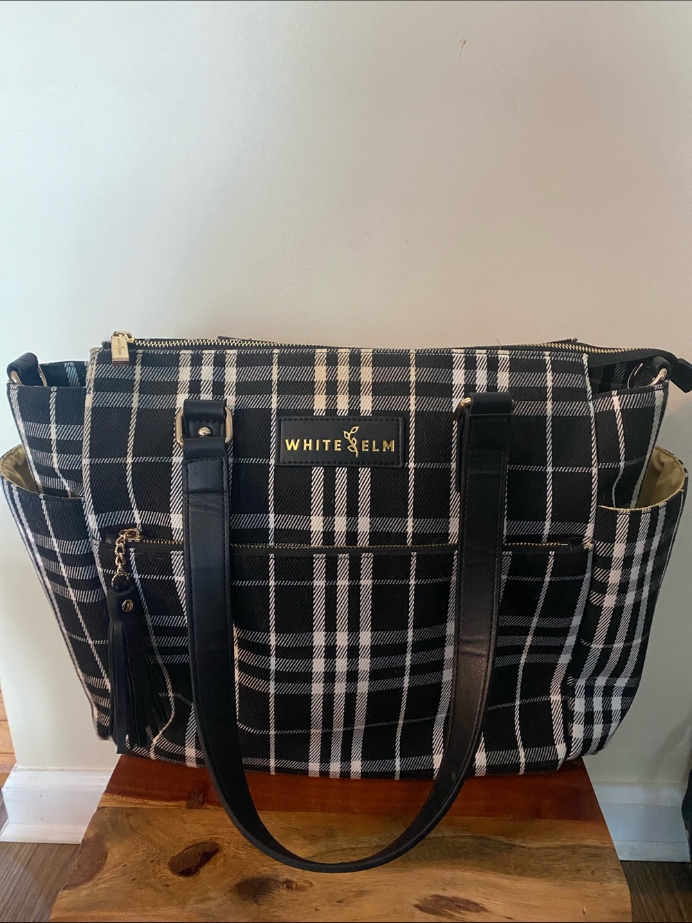 White Elm Gemini convertible backpack tote black and white tartan plaid. Travel